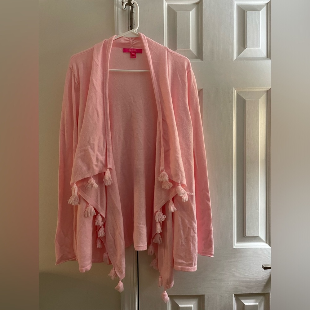 ECU Lilly Pulitzer long sleeve open front Sweater With Pom Poms Size Medium